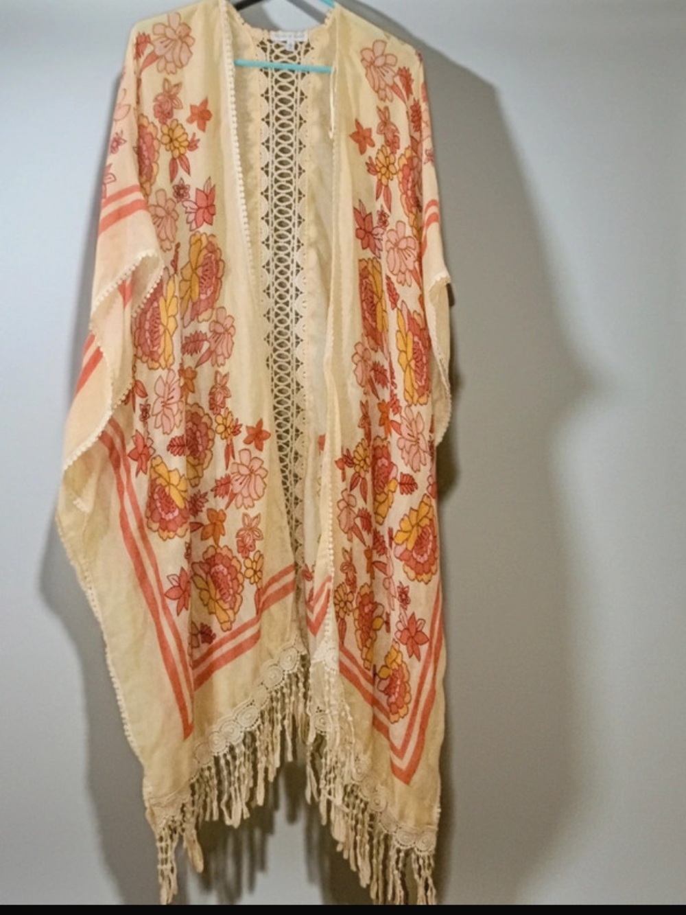 Woven Heart Boho Floral Crochet Fringe Kimono